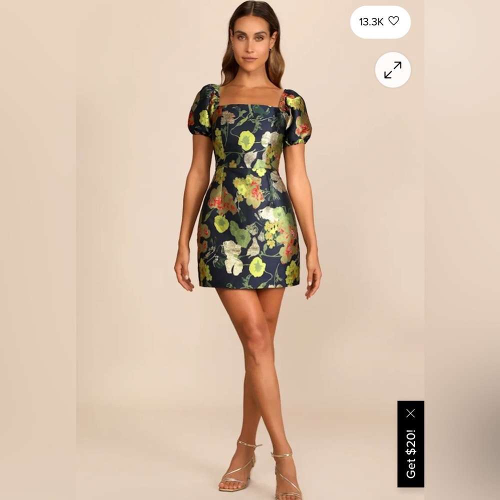 Lulu's Black Floral Brocade Puff-Sleeve Mini Dress